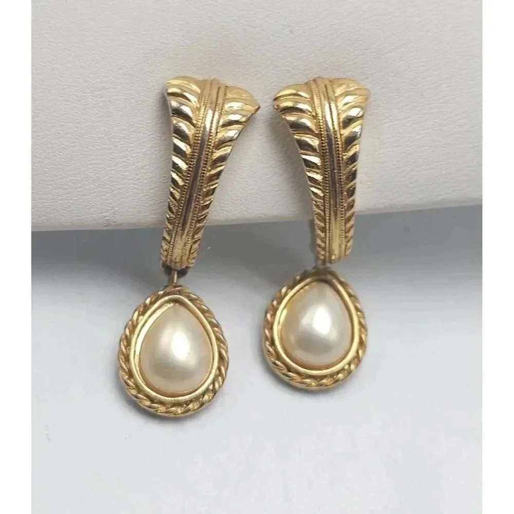 Vintage Trifari Clip-On Earrings With Faux Pearls & Gold-Tone Finish